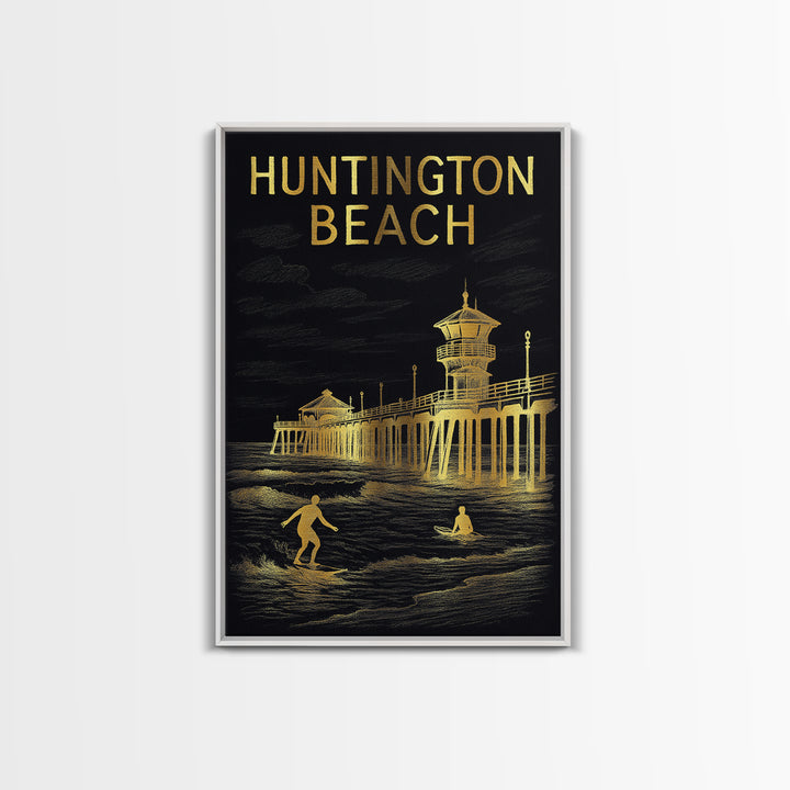 Huntington Beach California Travel Poster, Canvas Print, Black And Gold Line Art, Huntington Beach Travel Art, Travel Art Print