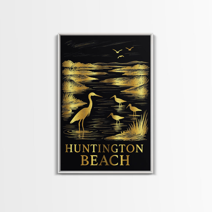 Huntington Beach Travel Poster, Framed Canvas Print, Elegant Gold City Art, Huntington Beach Travel Art, Travel Poster Art, Home Decor