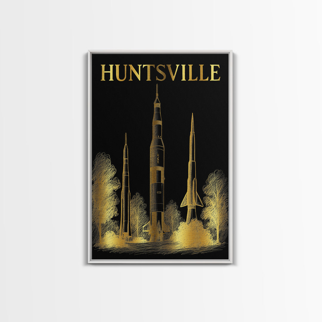 Huntsville Alabama Travel Poster, Canvas Print, Black And Gold Line Art, Huntsville Wall Art, Wall Decor, Mid Century Wall Art, Wall Art