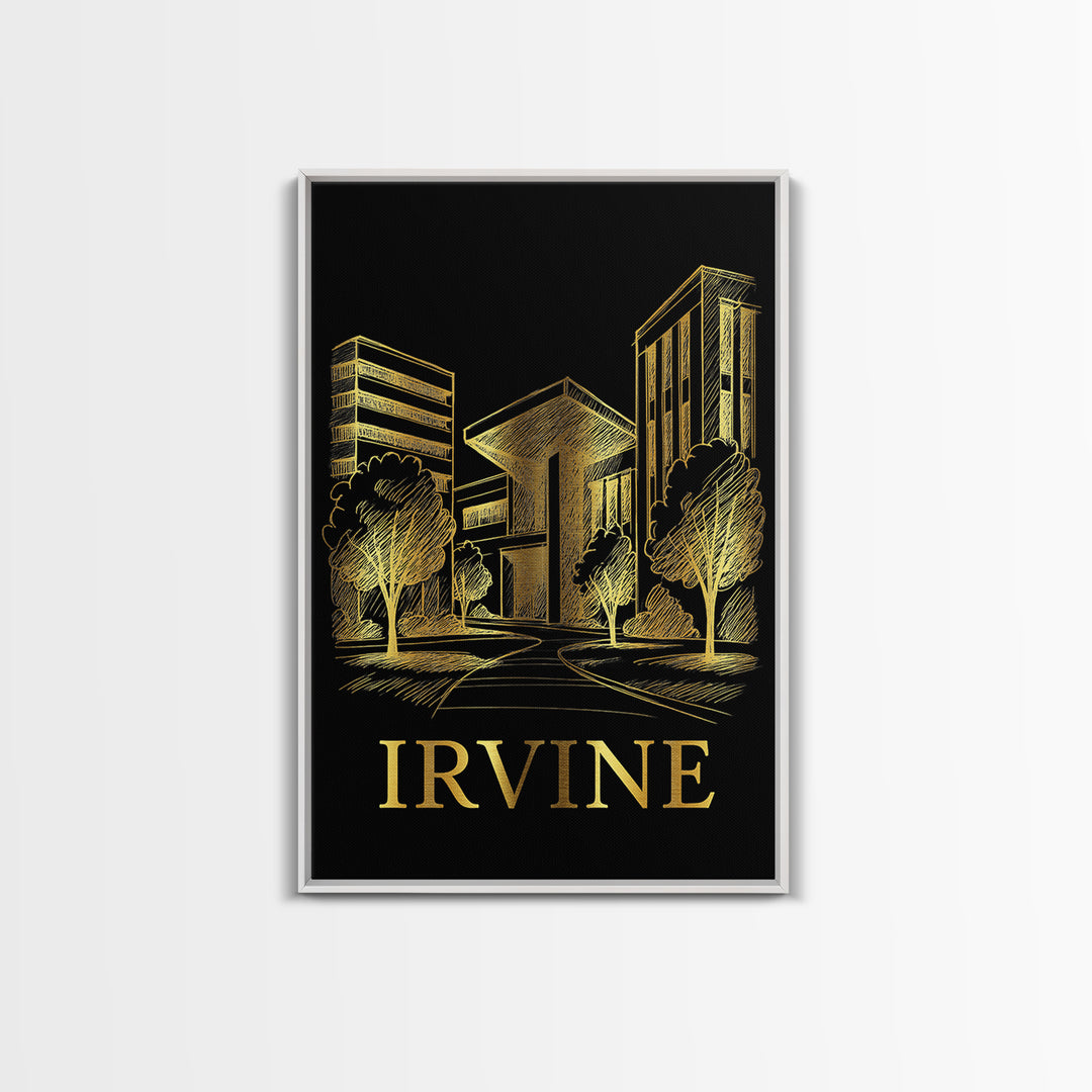 Irvine Travel Poster, Framed Canvas Print, Elegant Gold City Art, Irvine Art Print, Travel Art Print, Vintage Travel Print, Fine Art Print
