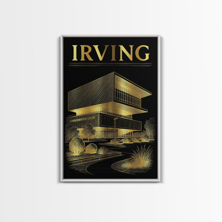 Irving Texas Travel Poster, Canvas Print, Black And Gold Line Art, Irving Print, Wanderlust Decor, Watercolor Skyline, Retro Travel Print