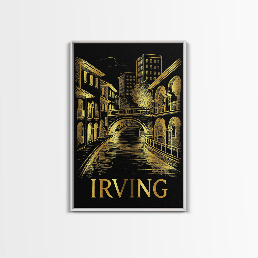 Irving Travel Poster, Framed Canvas Print, Elegant Gold City Art, Irving Poster Print, Vintage City Art, Mid Century Wall Art, Design 2