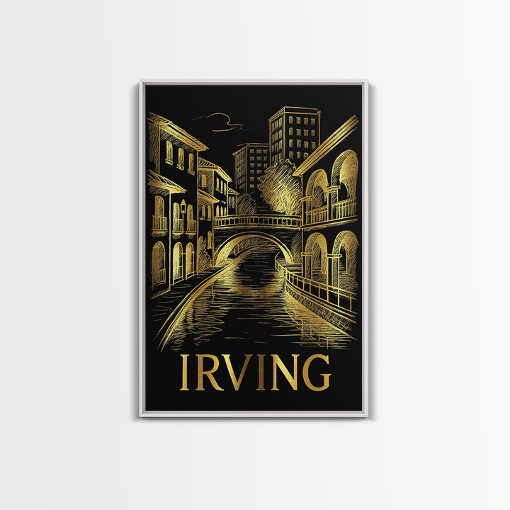 Irving Travel Poster, Framed Canvas Print, Elegant Gold City Art, Irving Poster Print, Vintage City Art, Mid Century Wall Art, Design 2