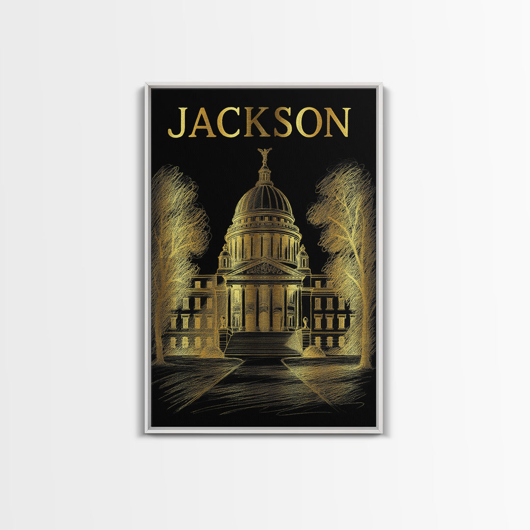 Jackson Mississippi Travel Poster, Canvas Print, Gold Sketch Wall Art, Jackson Wall Art, Travel Print, Fine Art Print, Vintage City Art