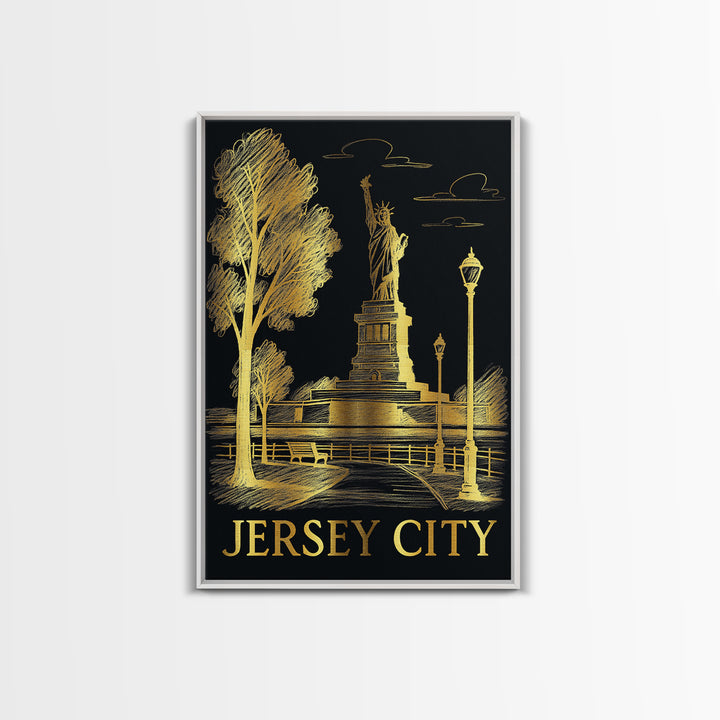 Jersey City Travel Poster, Canvas Print, Black And Gold Line Art, Jersey City Poster Print, Watercolor Urban Skyline, Home Office Decor