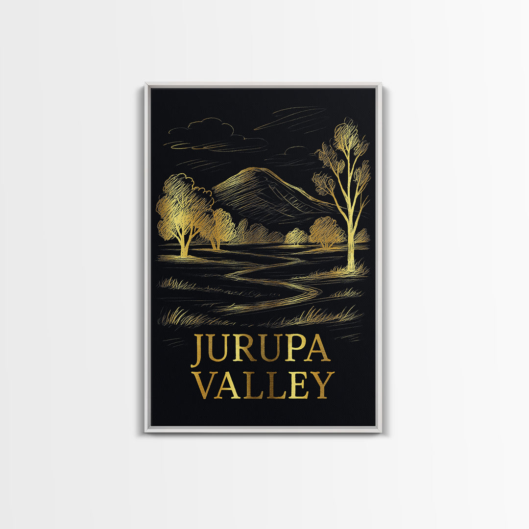 Jurupa Valley Travel Poster, Framed Canvas Print, Elegant Gold City Art, Jurupa Valley Art Print, Watercolor Skyline, Home Office Decor