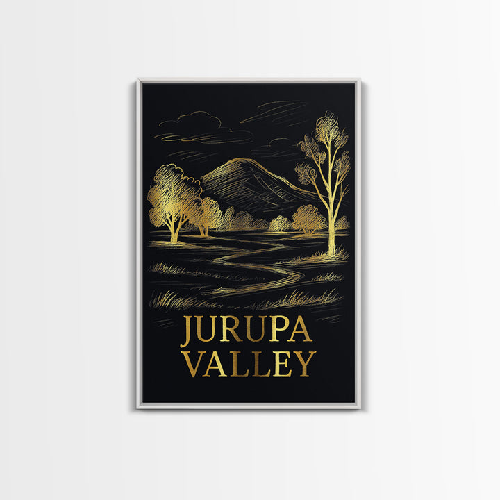 Jurupa Valley Travel Poster, Framed Canvas Print, Elegant Gold City Art, Jurupa Valley Art Print, Watercolor Skyline, Home Office Decor