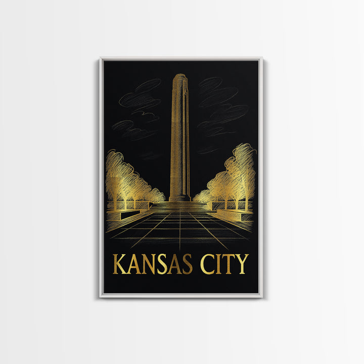Kansas City Travel Poster, Framed Canvas Print, Black And Gold Line Art, Kansas City Art Print, Eclectic Wall Decor, Travel Wall Decor