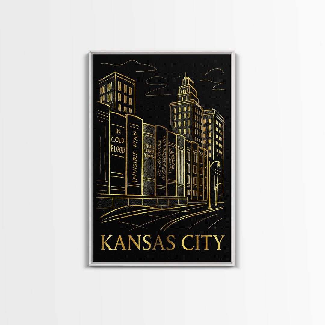 Kansas City Travel Poster, Framed Canvas Print, Black And Gold Line Art, Kansas City City Art, Living Room Wall Art, Gift For Travelers