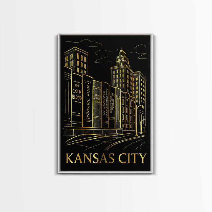 Kansas City Travel Poster, Framed Canvas Print, Black And Gold Line Art, Kansas City City Art, Living Room Wall Art, Gift For Travelers