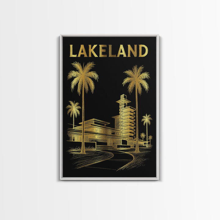 Lakeland Florida Travel Poster, Framed Canvas Print, Gold Sketch Wall Art, Lakeland Wall Art, Vintage Travel Print, Mid Century Wall Art