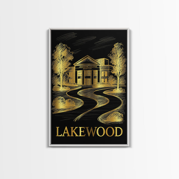 Lakewood Travel Poster, Framed Canvas Print, Elegant Gold City Art, Lakewood Wall Art, Travel Wall Decor, Travel Art Print, Poster Art