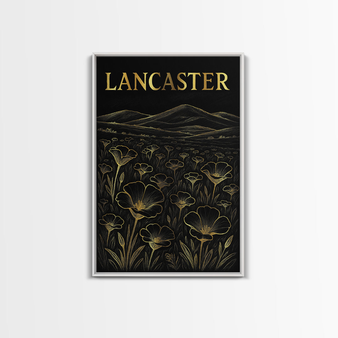 Lancaster California Travel Poster, Framed Canvas Print, Elegant Gold City Art, Lancaster City Art, Mid Century Wall Art, City Illustration