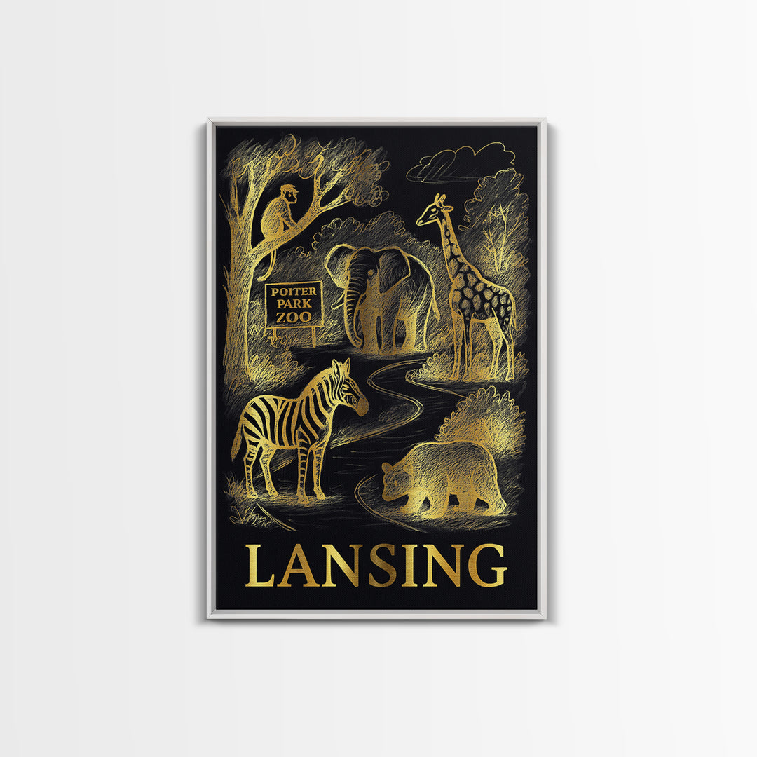 Lansing Travel Poster, Canvas Print, Gold Sketch Wall Art, Lansing Travel Art, Living Room Wall Art, Travel Wall Art, Retro Travel Print