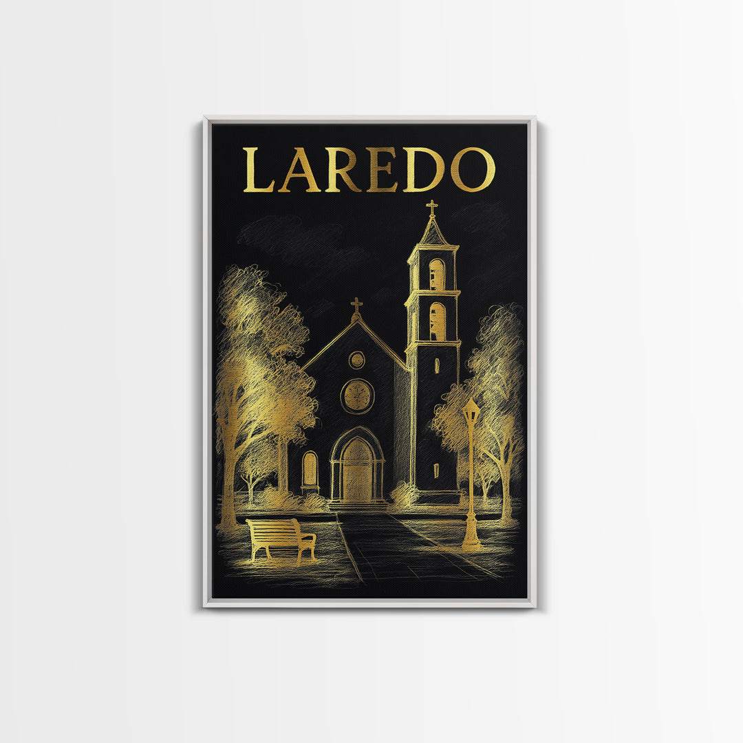 Laredo Texas Travel Poster, Canvas Print, Black And Gold Line Art, Laredo City Art, Watercolor Skyline Art, Fine Art Print, Travel Posters
