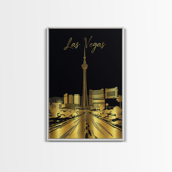 Las Vegas Travel Poster, Framed Canvas Print, Gold Sketch Wall Art, Las Vegas Art Print, Modern Wall Decor, Watercolor Cityscape