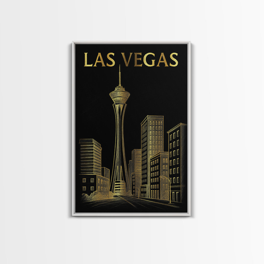 Las Vegas Travel Poster, Framed Canvas Print, Elegant Gold City Art, Las Vegas Travel Art, Gift For Travelers, Fine Art Print, Design 3