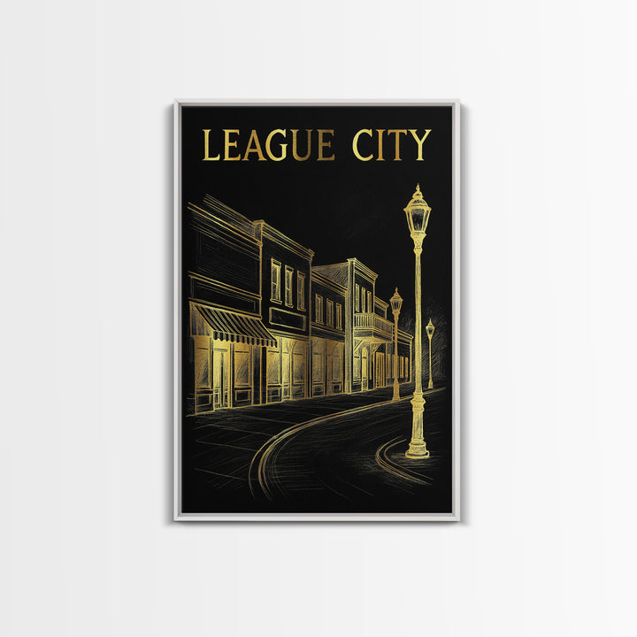 League City Texas Travel Poster, Canvas Print, Dark Background Poster Art, League City Poster Print, Mid Century Wall Art, Fine Art Print