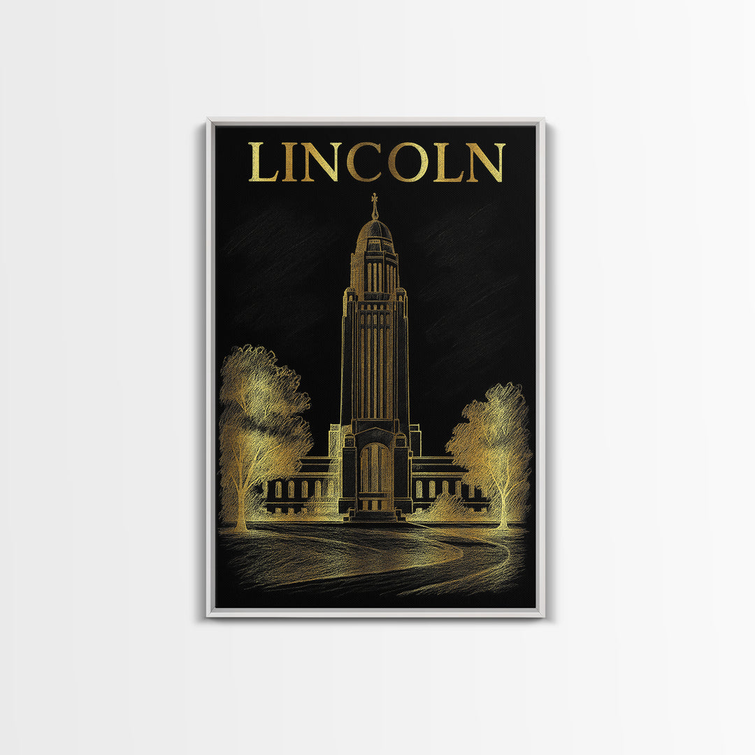 Lincoln Nebraska Travel Poster, Framed Canvas Print, Gold Sketch Wall Art, Lincoln Poster Print, Mid Century Wall Art, City Illustration