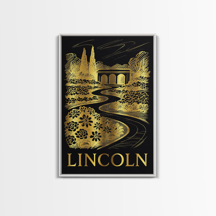 Lincoln Travel Poster, Canvas Print, Elegant Gold City Art, Lincoln City Art, Vintage City Poster, Gift For Travelers, Vintage City Art