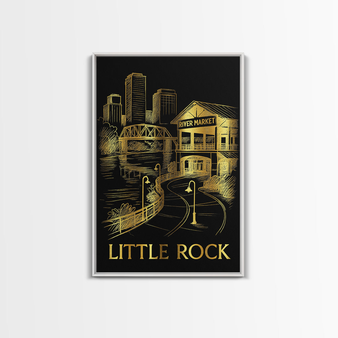 Little Rock Travel Poster, Framed Canvas Print, Gold Sketch Wall Art, Little Rock Wall Art, Retro Travel Print, Watercolor Skyline