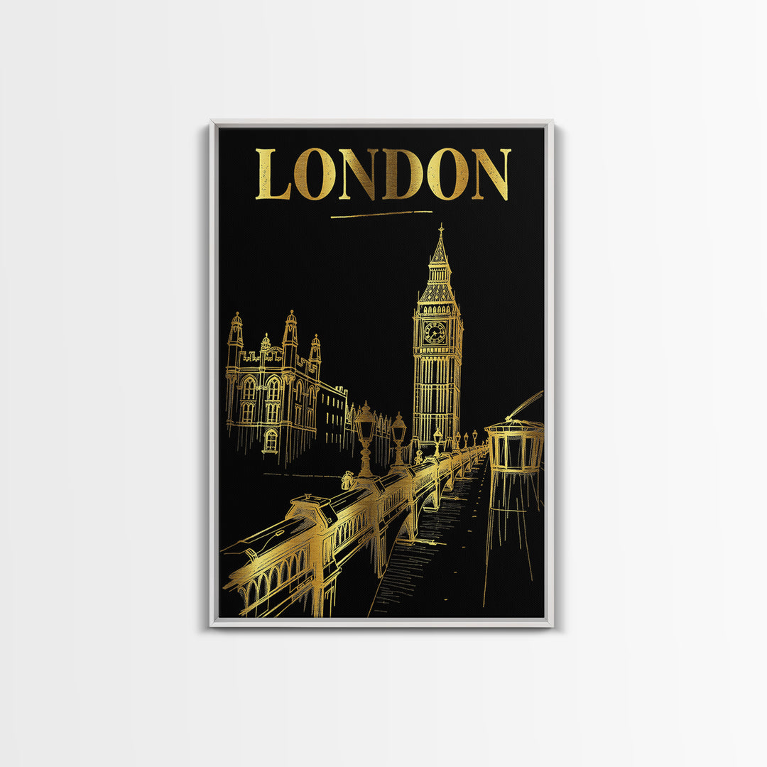 London Travel Poster, Framed Canvas Print, Gold Sketch Wall Art, London Poster Print, Living Room Wall Art, Vintage City Art, Poster Art