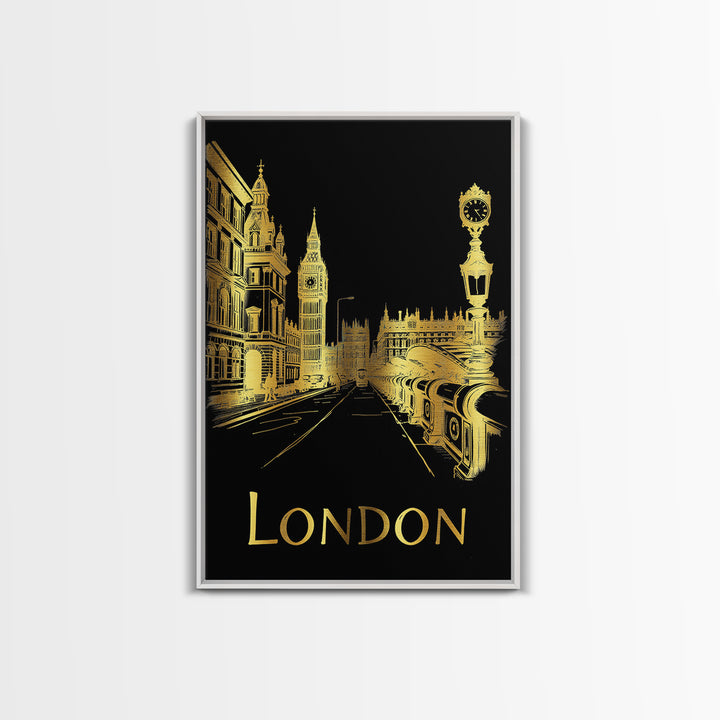 London Travel Poster, Framed Canvas Print, Elegant Gold City Art, London Travel Art, Eclectic Wall Decor, Retro Travel Print, Design 2