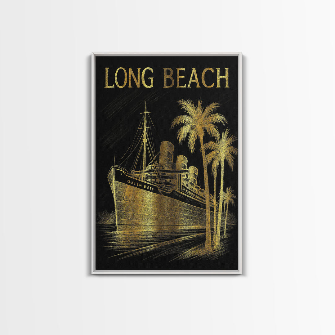 Long Beach California Travel Poster, Canvas Print, Elegant Gold City Art, Long Beach Wall Art, Skyline Art, City Art Print, Wanderlust Decor