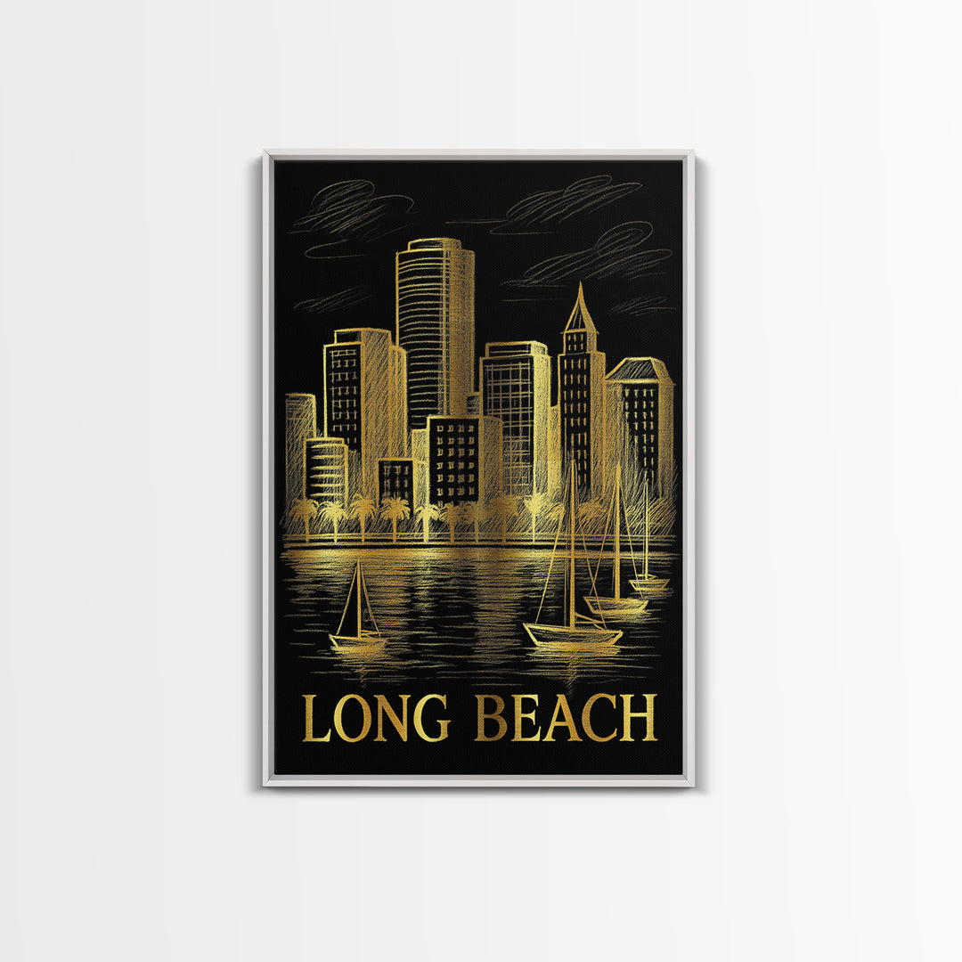 Long Beach Travel Poster, Canvas Print, Elegant Gold City Art, Long Beach Art Print, Watercolor Skyline, Retro Travel Print, Design 2