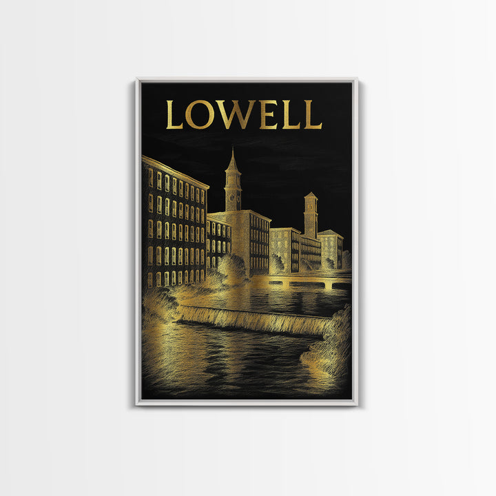 Lowell Massachusetts Travel Poster, Canvas Print, Dark Background Poster Art, Lowell City Art, City Poster, Art Print, Retro Travel Print