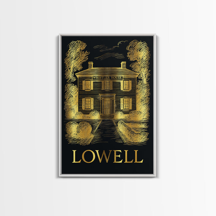Lowell Travel Poster, Canvas Print, Black And Gold Line Art, Lowell City Art, Travel Wall Art, Eclectic Wall Decor, Gift For Travelers