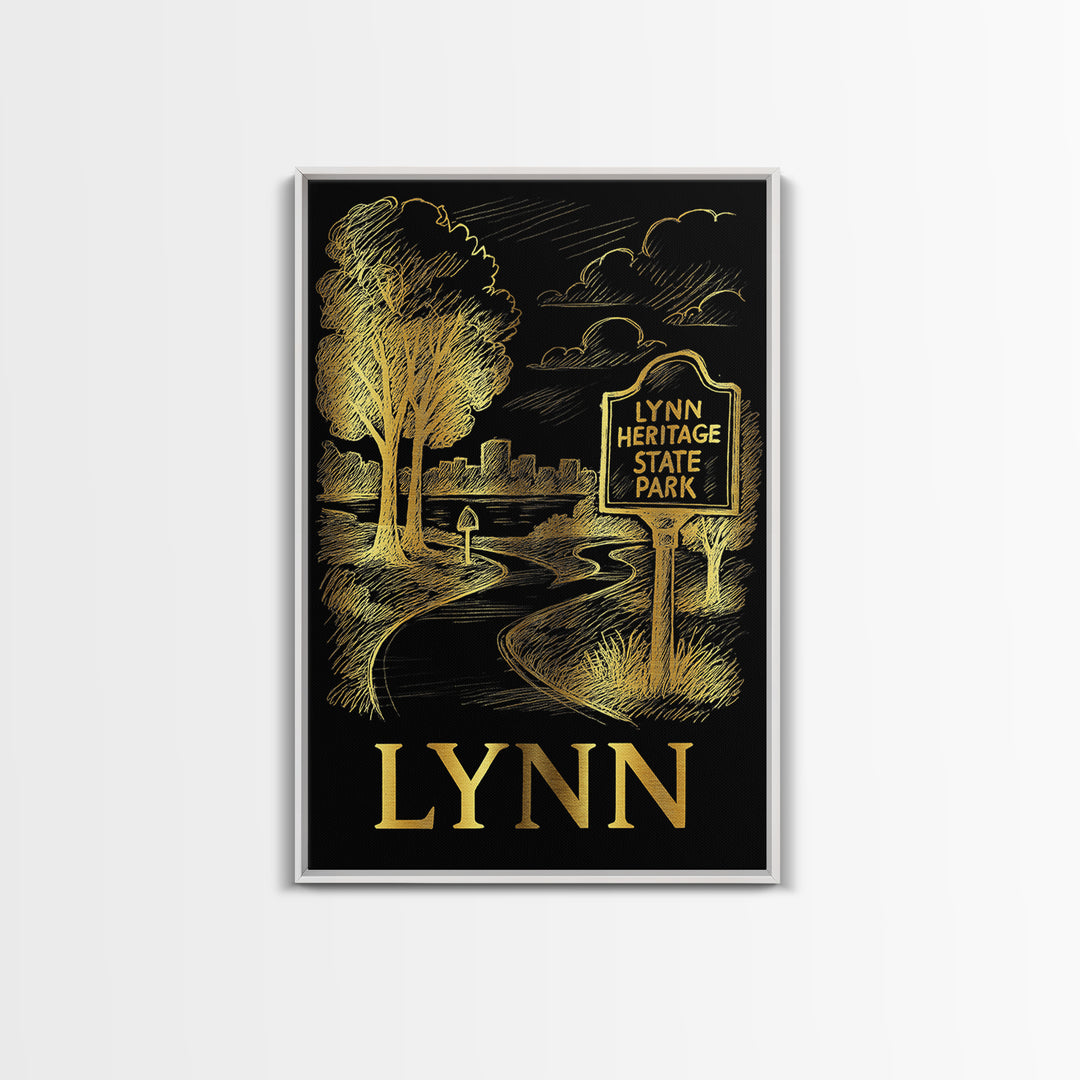 Lynn Travel Poster, Framed Canvas Print, Elegant Gold City Art, Lynn Wall Art, Living Room Wall Art, Home Office Decor, Travel Wall Decor