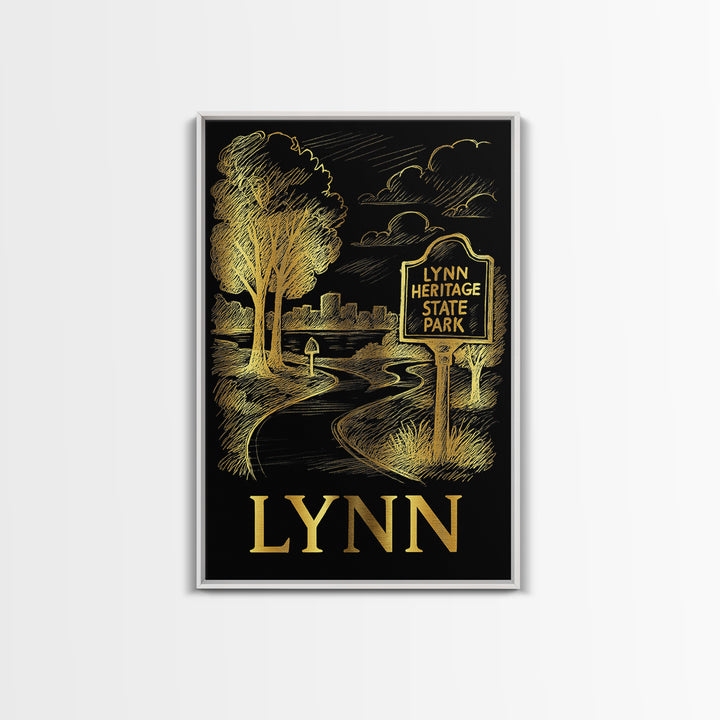 Lynn Travel Poster, Framed Canvas Print, Elegant Gold City Art, Lynn Wall Art, Living Room Wall Art, Home Office Decor, Travel Wall Decor