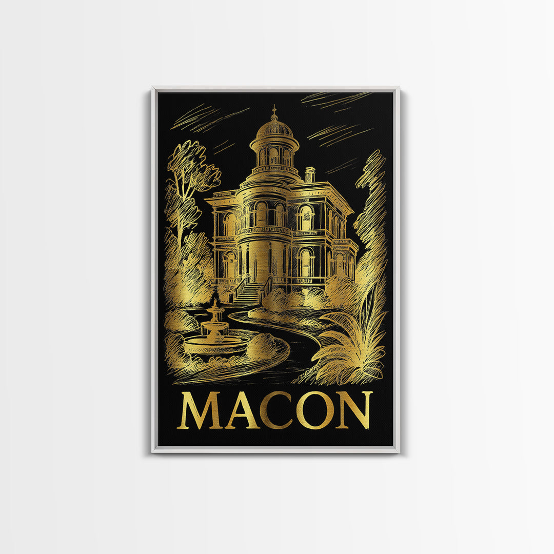 Macon Travel Poster, Framed Canvas Print, Black And Gold Line Art, Macon Wall Art, Travel Poster Art, Living Room Wall Art, City Art Print
