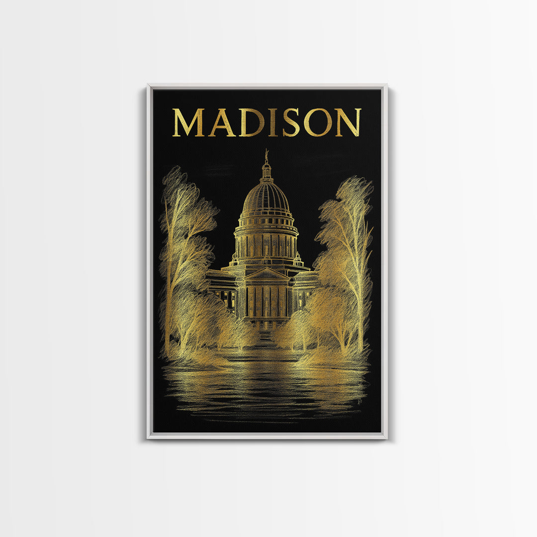 Madison Wisconsin Travel Poster, Canvas Print, Elegant Gold City Art, Madison City Art, Travel Art Print, City Art Print, Retro Travel Print