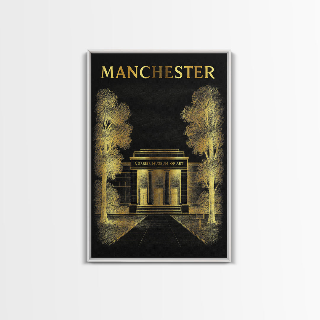 Manchester New Hampshire Travel Poster, Canvas Print, Black And Gold Line Art, Manchester Wall Art, Art Print, Wall Decor, Travel Poster Set