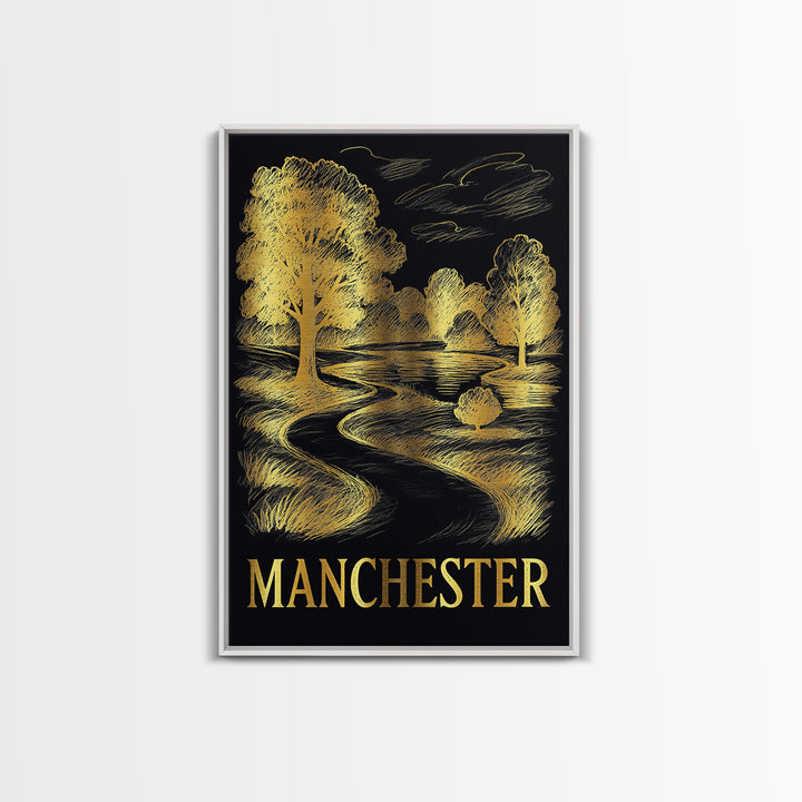 Manchester Travel Poster, Framed Canvas Print, Black And Gold Line Art, Manchester Art Print, Living Room Wall Art, Vintage Travel Print