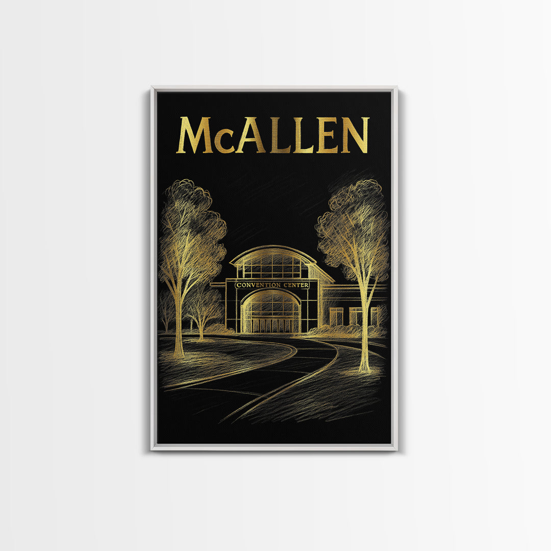 Mcallen Texas Travel Poster, Framed Canvas Print, Black And Gold Line Art, Mcallen Poster Print, Wanderlust Decor, Living Room Wall Art