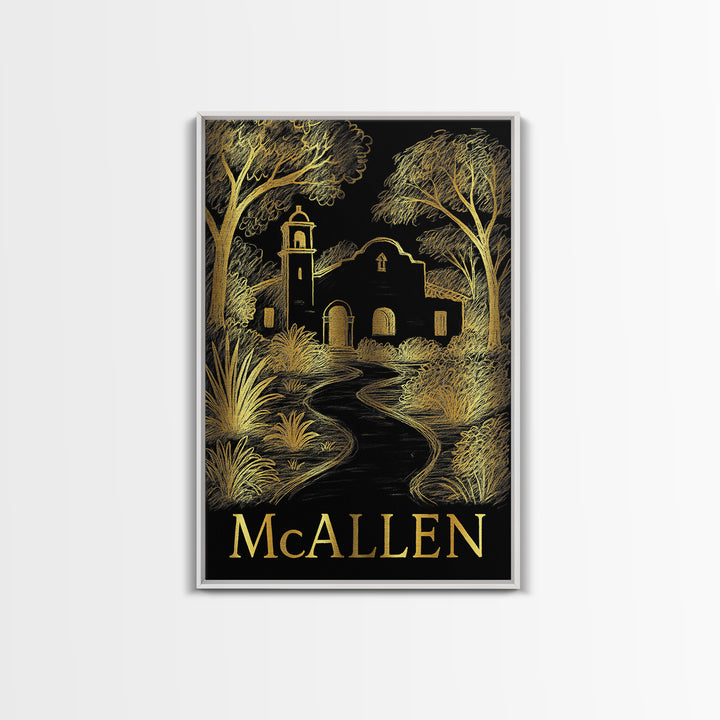 Mcallen Travel Poster, Framed Canvas Print, Black And Gold Line Art, Mcallen Travel Art, Fine Art Print, Travel Wall Decor, Retro Poster