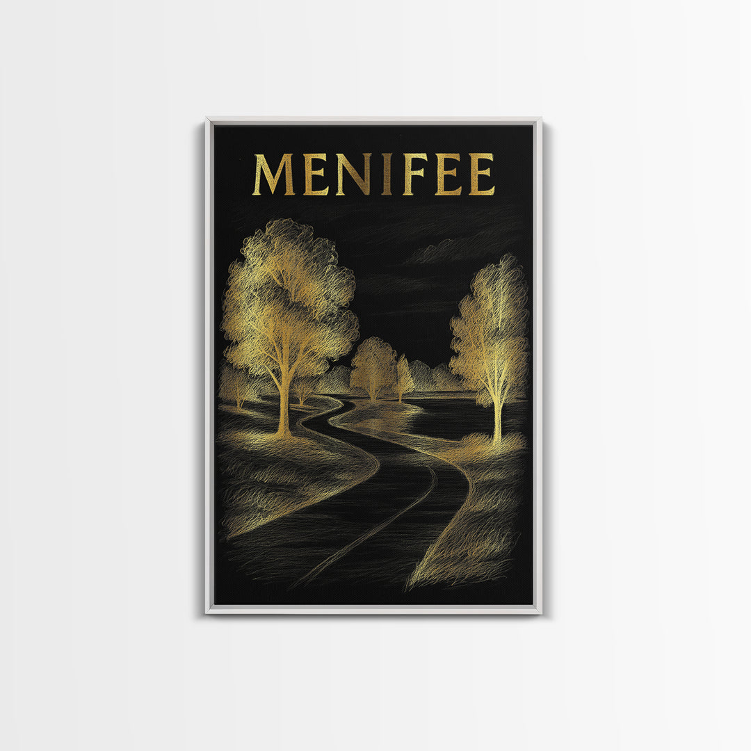 Menifee California Travel Poster, Canvas Print, Black And Gold Line Art, Menifee Art Print, Travel Prints, Vintage City Art, Travel Wall Art