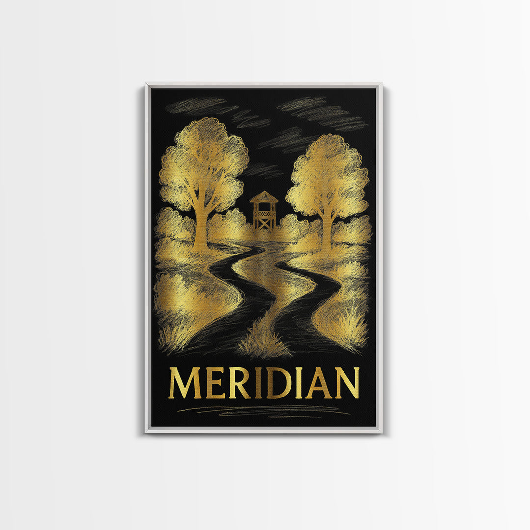 Meridian Travel Poster, Framed Canvas Print, Gold Sketch Wall Art, Meridian Wall Art, City Travel Prints, Vintage Travel Print