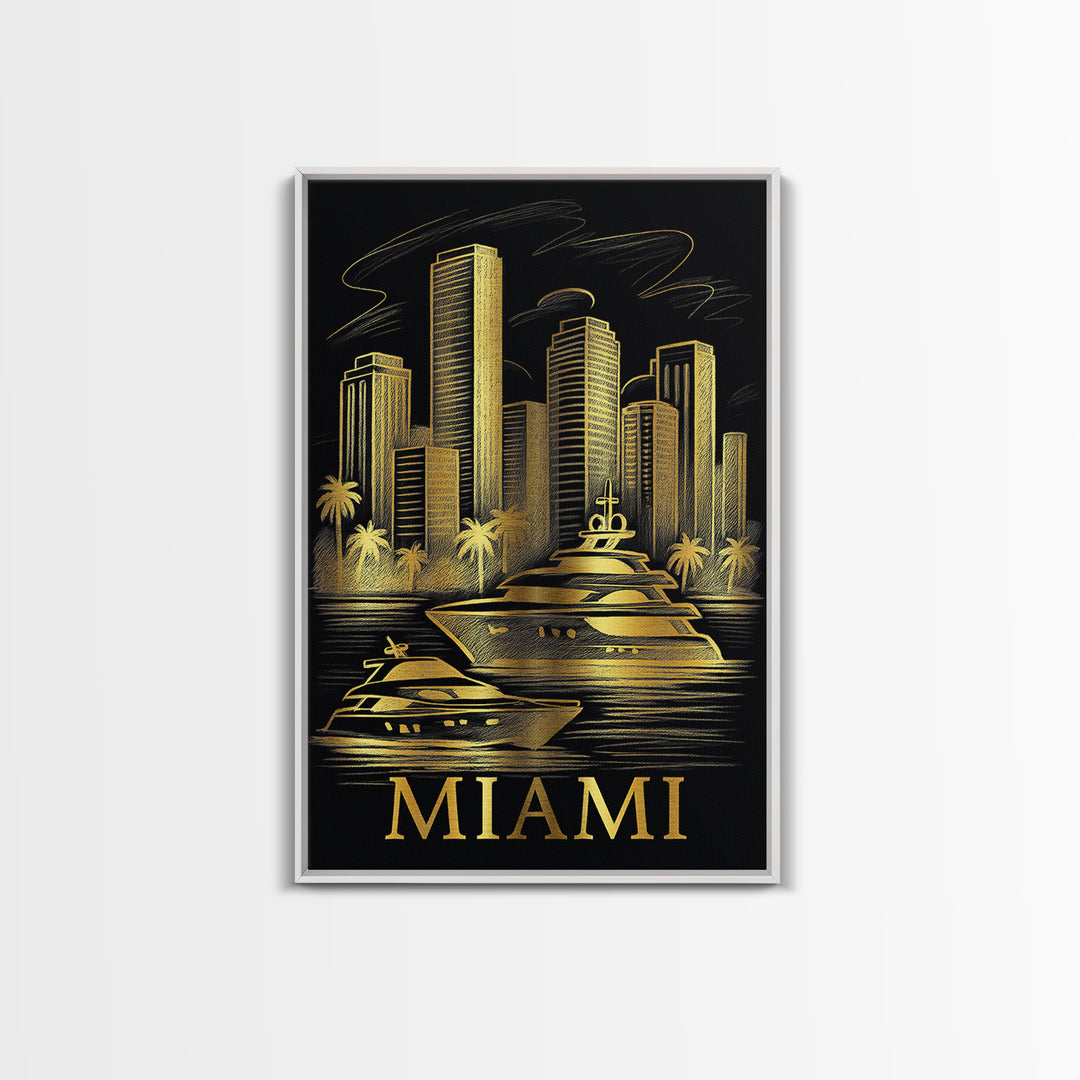 Miami Travel Poster, Framed Canvas Print, Elegant Gold City Art, Miami Travel Art, Fine Art Print, Gift For Travelers, City Art Print