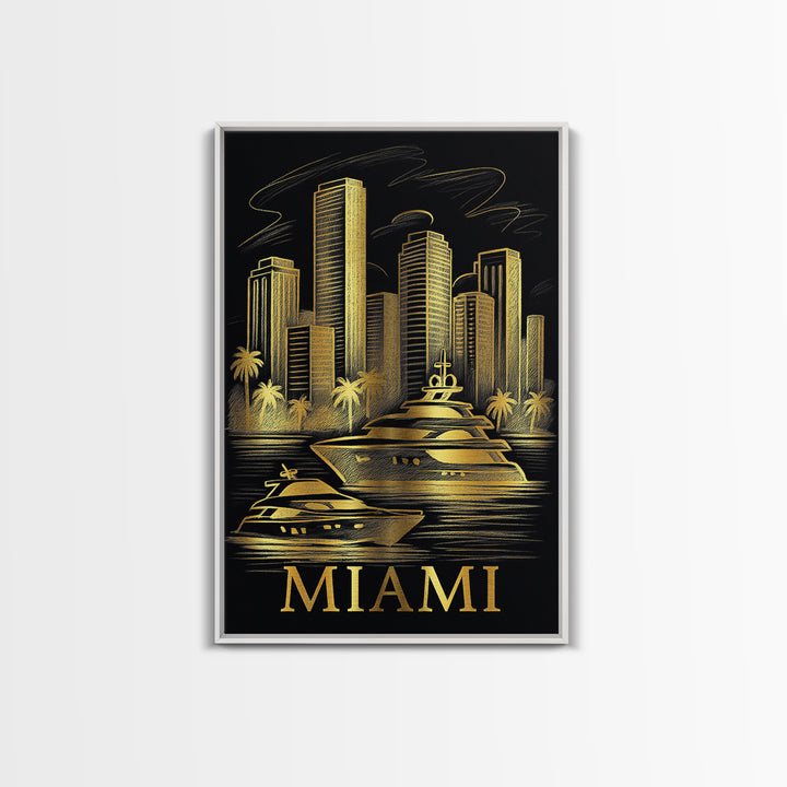 Miami Travel Poster, Framed Canvas Print, Elegant Gold City Art, Miami Travel Art, Fine Art Print, Gift For Travelers, City Art Print