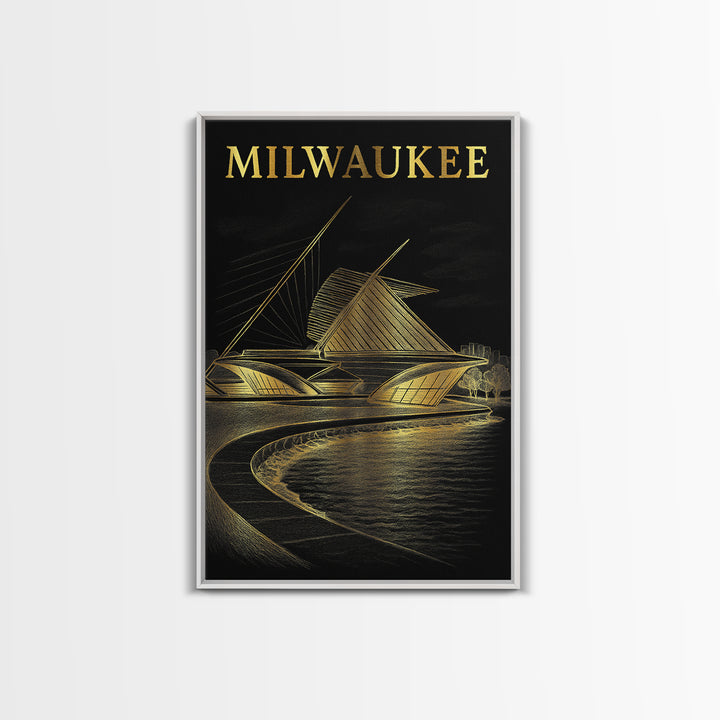 Milwaukee Wisconsin Travel Poster, Canvas Print, Elegant Gold City Art, Milwaukee Poster Print, Mid Century Wall Art, Vintage Travel Art