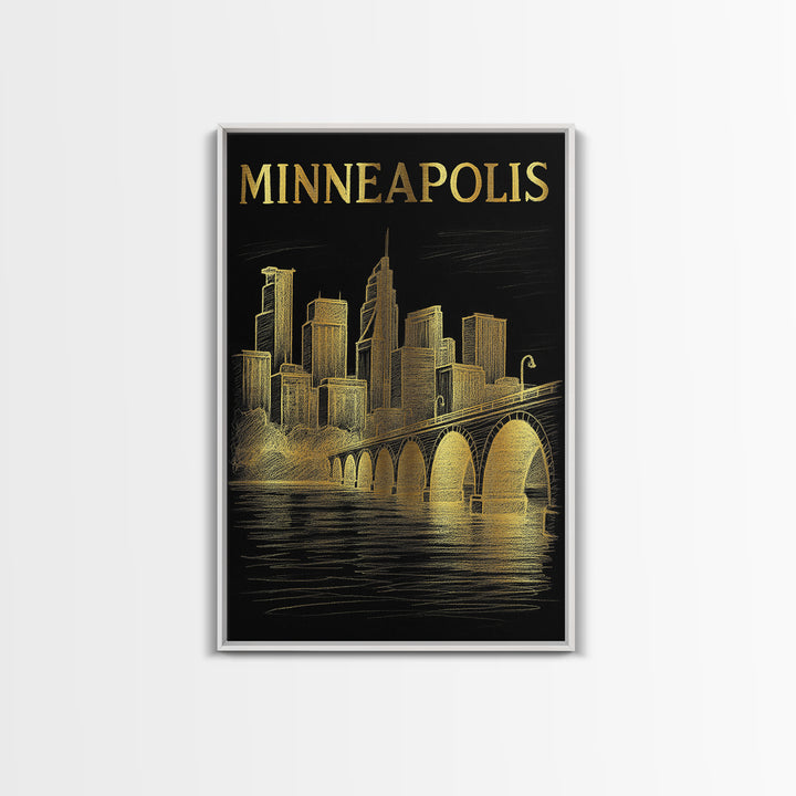 Minneapolis Minnesota Travel Poster, Canvas Print, Black And Gold Line Art, Minneapolis Wall Art, Travel Wall Art, Office Decor