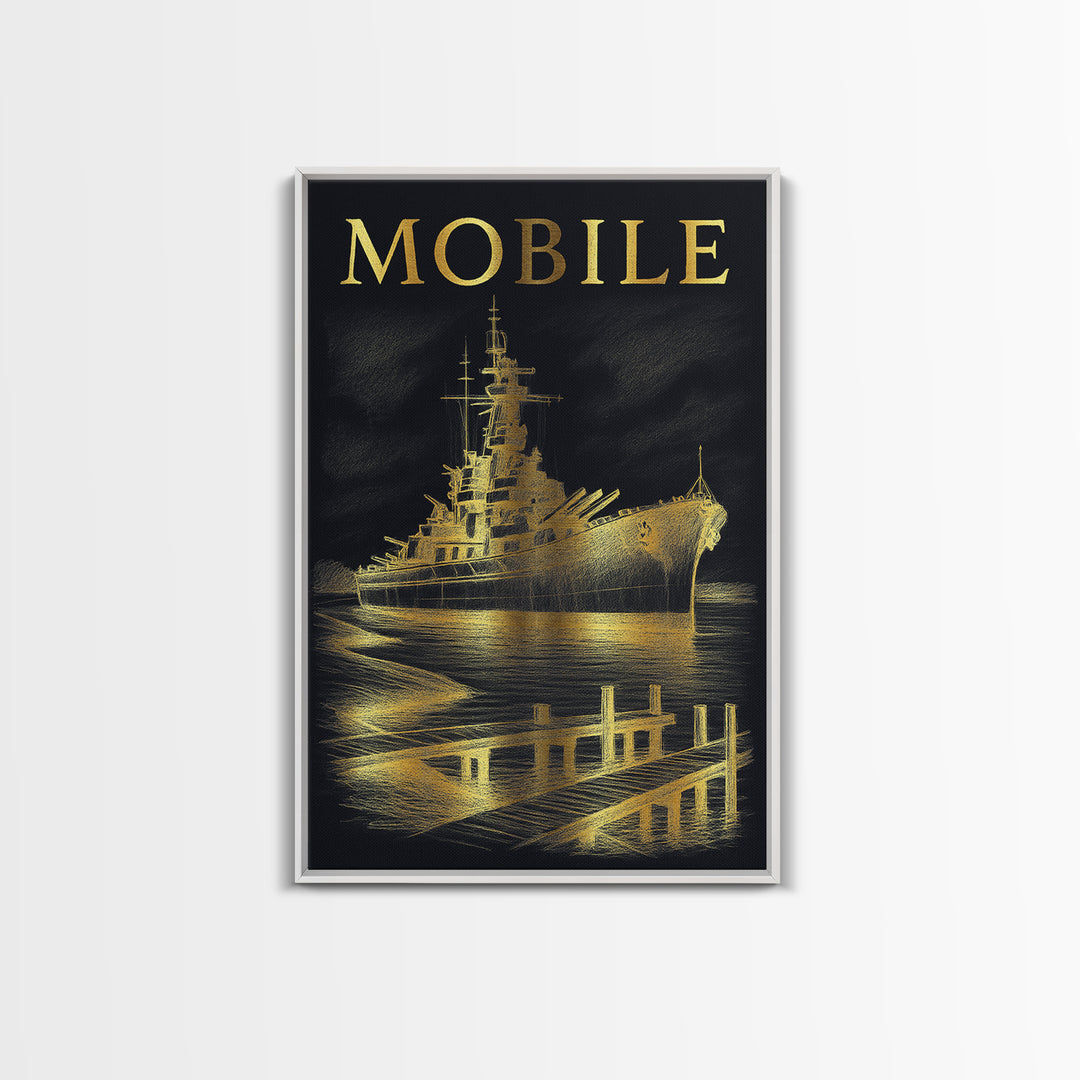 Mobile Alabama Travel Poster, Canvas Print, Black And Gold Line Art, Mobile Wall Art, Vintage City Art, City Illustration, Wall Art