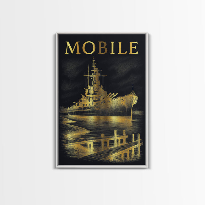 Mobile Alabama Travel Poster, Canvas Print, Black And Gold Line Art, Mobile Wall Art, Vintage City Art, City Illustration, Wall Art