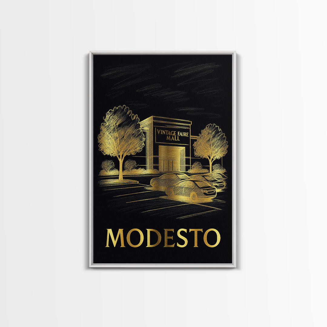 Modesto Travel Poster, Framed Canvas Print, Gold Sketch Wall Art, Modesto City Art, Retro Travel Print, Travel Poster Art, Fine Art Print