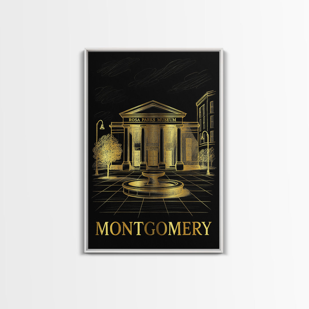 Montgomery Travel Poster, Framed Canvas Print, Gold Sketch Wall Art, Montgomery Art Print, Watercolor Skyline, Wanderlust Decor