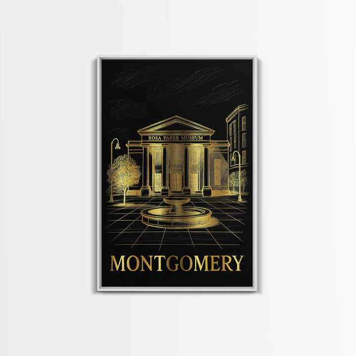 Montgomery Travel Poster, Framed Canvas Print, Gold Sketch Wall Art, Montgomery Art Print, Watercolor Skyline, Wanderlust Decor